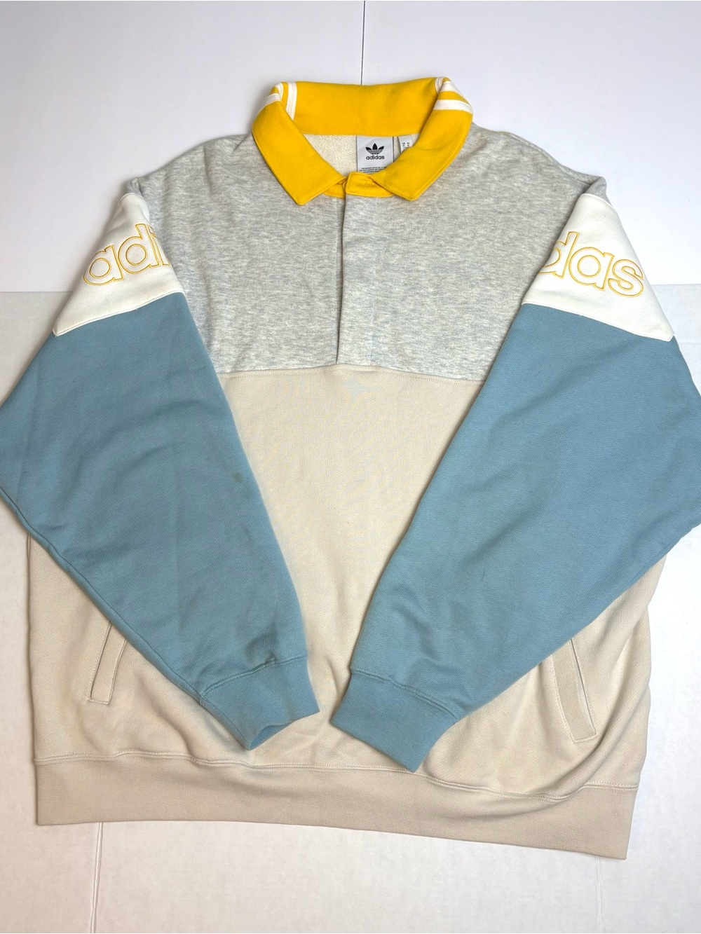 adidas Colorblock Crewneck Sweater in Yellow, Blue, Gray, Cream